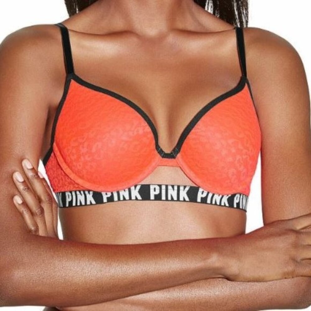 Victoria's Secret PINK Wear Everywhere Pushup Bra Fire Coral Leopard Lace 32D